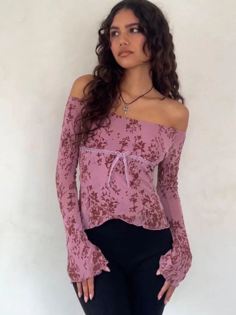 Motel Rocks Pink Flocked Floral Off Shoulder Mesh Top XS